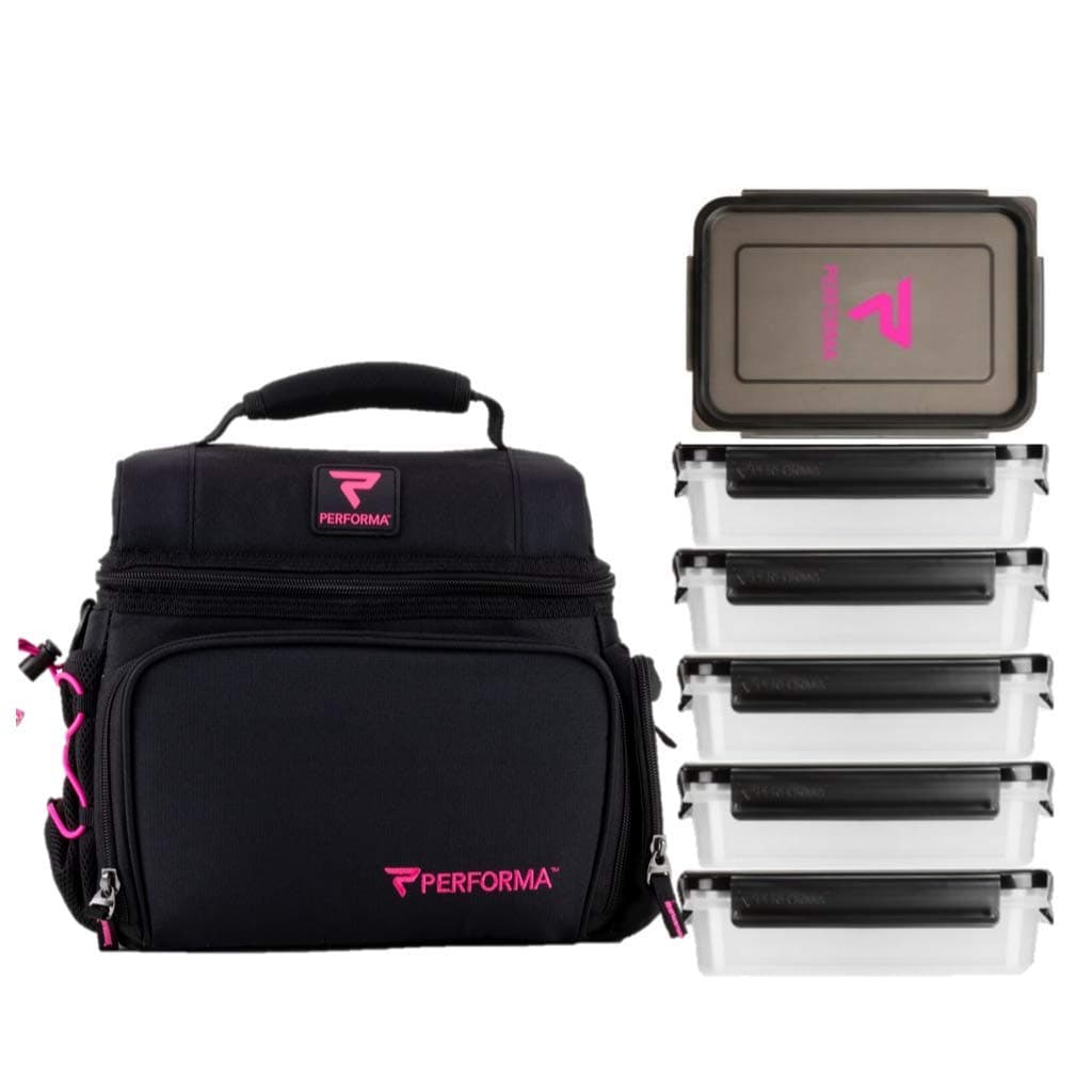 Performa Meal Prep Matrix 6 Meal Cooler Bag - Organized and Insulated 6 Lunch Prep Bag with Two Ice Packs and Shoulder Strap to Accommodate Your Daily Meal Prepping (Pink)