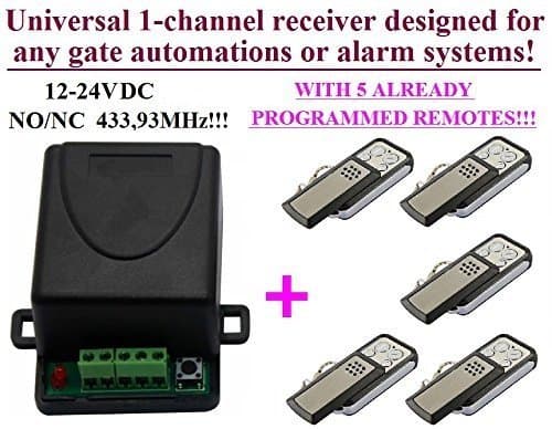 1-Channel receiver + 5 remotes, 12-24V DC, 433,92MHz NO/NC