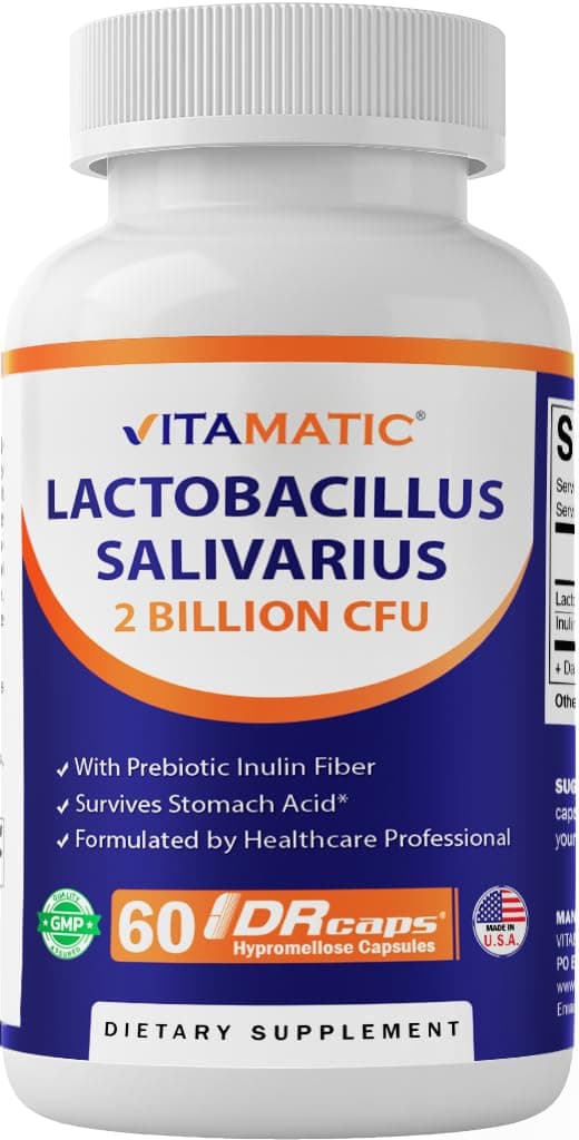 Lactobacillus Salivarius 2 Billion per DR Capsule - 60 Count - Digestive Support - Made with Prebiotic Inulin Fiber (1 Bottle)