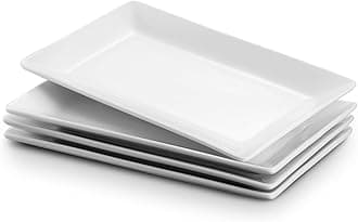 DOWAN Porcelain Serving Platter, Rectangle Serving Plates Set of 4, Restaurant Serving Dishes for Meat, Appetizers, Dessert, Sushi, Party, Soft White - 9.7 x 5.4 Inches