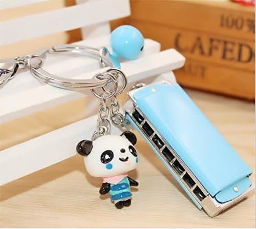 Cute Mini Harmonica Keyring with Lovely Cartoon Cat Bear Elephant Pendent (Blue)