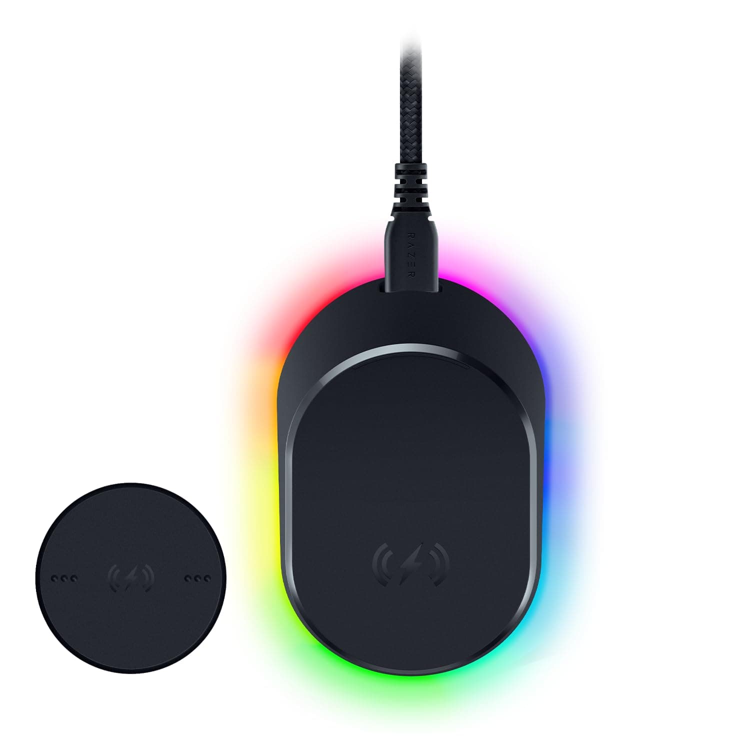 Mouse Dock Pro & Charging Puck - Magnetic Wireless Charging Dock & Charging Module for Compatible Mice (Magnetic Dock with Charge Status RGB Lighting, Anti-slip Gecko Feet, Charging Puck) Black