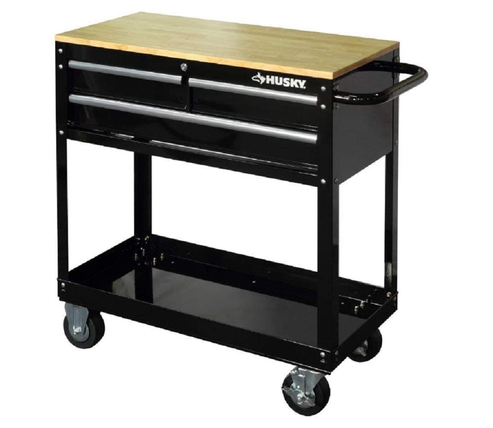 36 in. 3-Drawer Rolling Tool Cart with Wood Top, Black