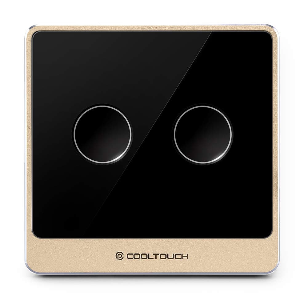 COOLTOUCH Smart Wall Light Switch Z-Wave Plus Alexa Voice APP Remote Control, Al Alloy Frame, 2.5D Edge Glass Panel, Touch Button, Required N Wire (Black & Gold, 2-Gang Multiway)