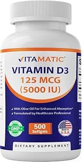 Vitamatic Vitamin D3 5000 IU (125 mcg) – 500 Mini Softgels Olive Oil-Based Formula – Cold-Pressed – 500-Day Supply – Supports Bone, Muscle & Immune Health – Non-GMO & Gluten-Free