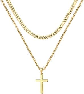 Easter Gifts for Men Boys Kids - 18K Gold Plated Cross Necklaces Chain for Men Boys Gifts, Silver Rope Chain Layered Necklace Jewelry 16 18 20 22 24 Inch, 16 inches, 18 inches, Stainless Steel