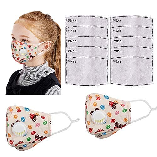 10 Pcs Activated Carbon Filter and 2 Pack Child Facial Covering with Breathing Valve Anti-dust Washable Reusable for Boys Girls Teens Ages 3-15