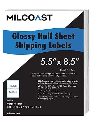 200 Half Sheet Shipping Labels Glossy Water Resistant for Laser or Inkjet Printer 5-1/2" x 8-1/2" for UPS, FedEx, USPS, PayPal, FBA