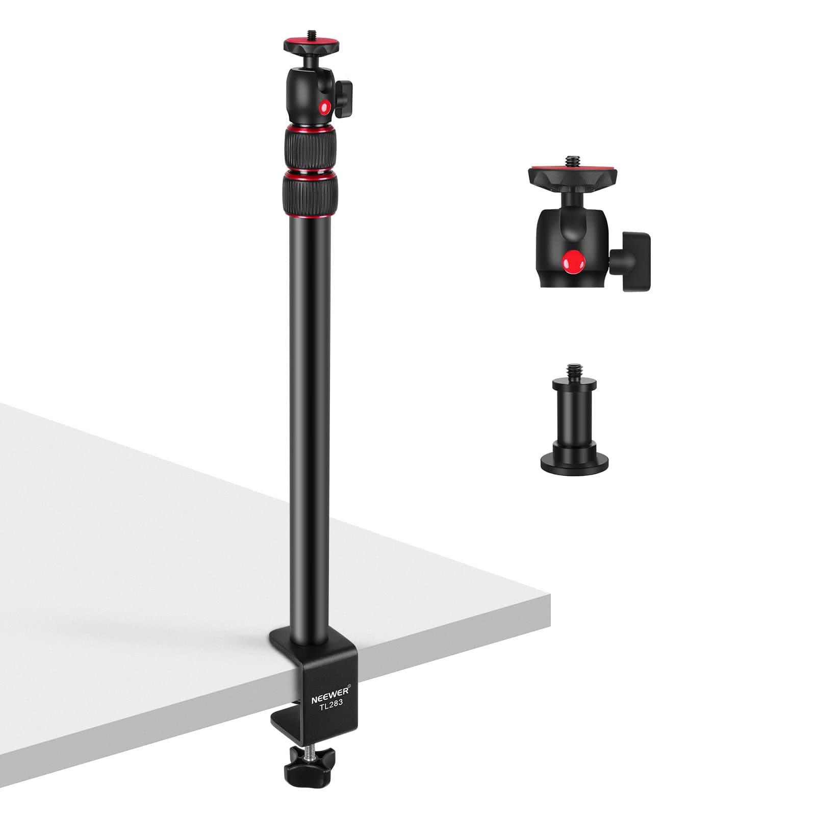 Extendable Camera Desk Mount with Ball Head, 17"-40" Adjustable Table Light Stand with 1/4" Screw & C Clamp for DSLR Camera, Ring Light, Live Stream, Vlog, Max Load: 6.6lb/3kg, TL283 (RED)