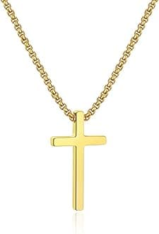 Ursteel Cross Necklace for Men, Silver Black Gold Stainless Steel Cross Pendant Necklace for Men, 16-30 Inches Box Chain, Metal