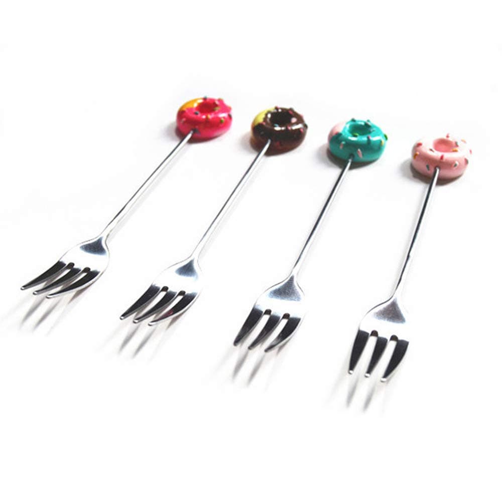 Tangser Little Cute Donut Fork, Stainless Steel Salsa Fork, Sugar Funny Cake Bread Forks, Baby Kids Tableware, Dessert Forks, Fruit Fork, Multi-functional Kitchen Tools Set (4 colors, 4PCS)