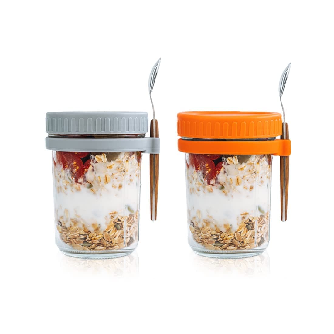 SMARCH Overnight Oats Jars with Lid and Spoon Set of 2, 16 oz Large Capacity Airtight Oatmeal Jars with Measurement Marks, Mason Jars with Lid for Cereal On The Go Jars(Grey+Orange)