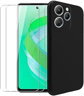 Case for Infinix Smart 8 + [2 Pack] Glass Screen Protector Tempered Film - Transparent Silicone Soft Flexible Bumper Shockproof TPU Protective Cover Shell for Infinix Smart 8 (Black)