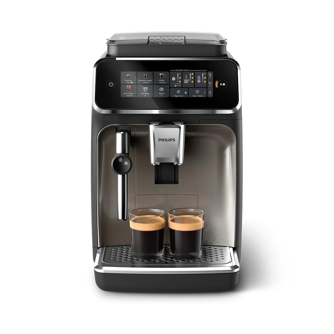 Philips 3300 Series Fully Automatic Espresso Machine with integrated milk frother and grinder, 5 Hot & Iced Coffee Pre-Sets, 40% Quieter SilentBrew, 15-Bar Pressure, Glossy Black (EP3326/90)