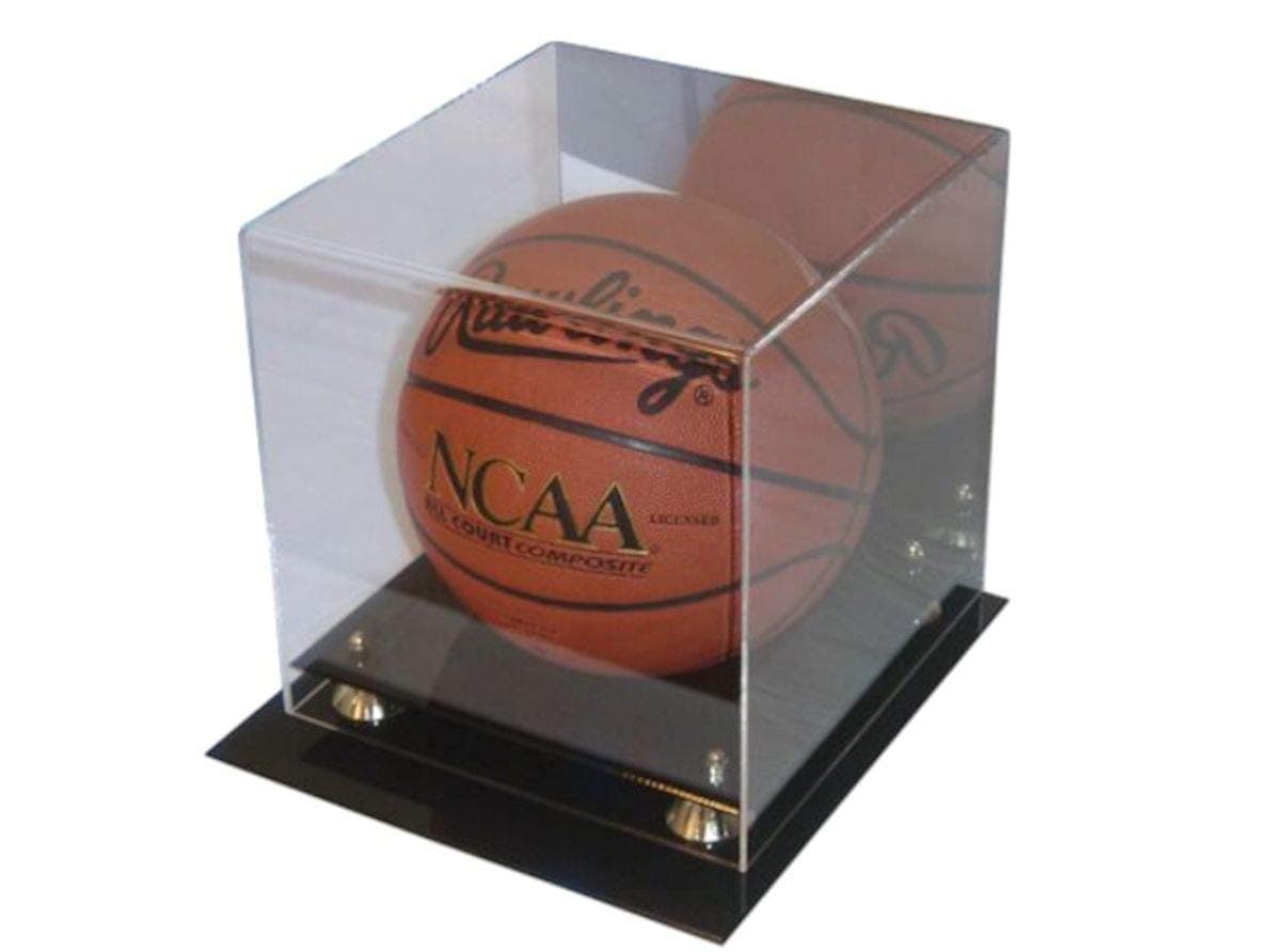 Deluxe Acrylic Basketball Display Case – UV Protected Basketball Case Display Clear with Dual Layered Black Base and Gold Risers for Autographed Sports Memorabilia, No Assembly Required