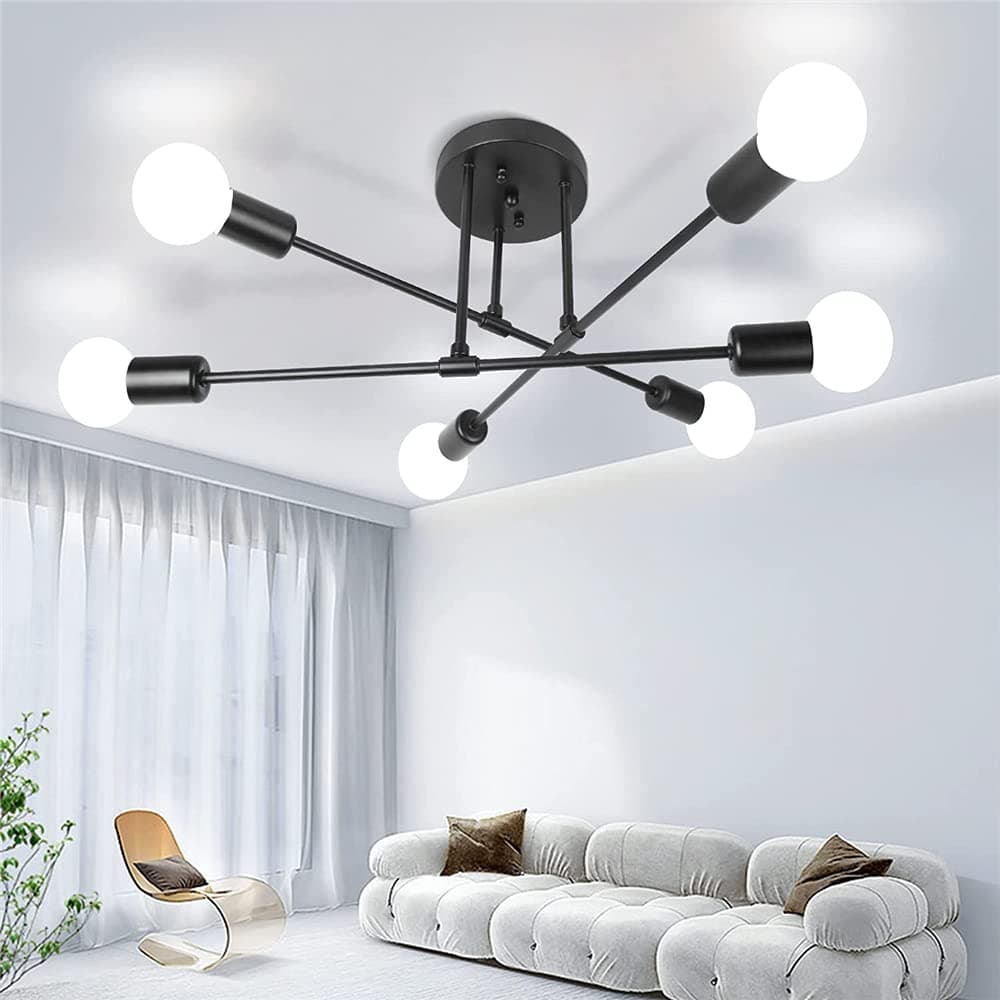 Modern Sputnik Chandelier Ceiling Light Fixture with 6 Lights Black Mid Century Semi Flush Mount Ceiling Lights for Bedroom, Dining Room, Living Room, Kitchen, E27 Base, Bulbs Not Included