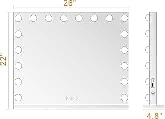 LOMRECS Vanity Mirror with Lights, Hollywood Lighted Makeup Mirror with 18 Dimmable Led Bulbs, 3 Color Lighting Modes, USB Charging Port Touch Control 10x Magnification 26 × 22 inch