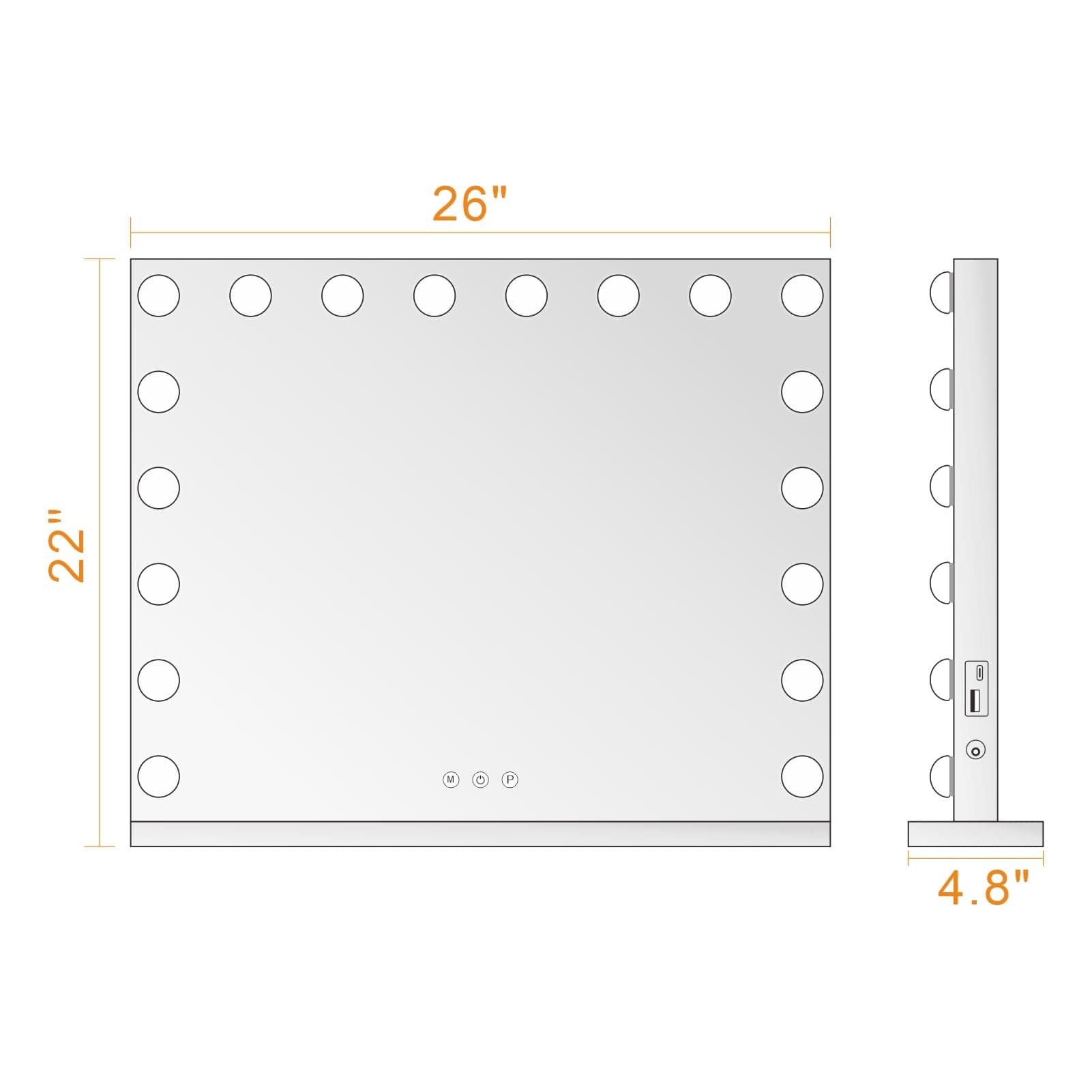 LOMRECS Vanity Mirror with Lights, Hollywood Lighted Makeup Mirror with 18 Dimmable Led Bulbs, 3 Color Lighting Modes, USB Charging Port Touch Control 10x Magnification 26 × 22 inch