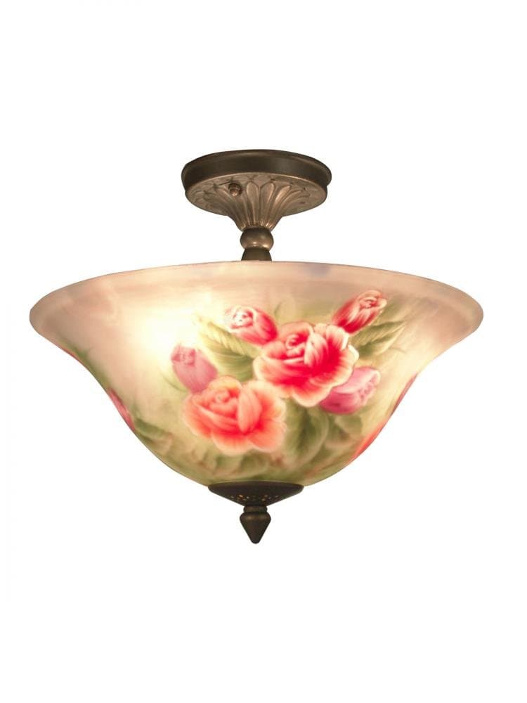 Dale Tiffany 10084/3LTF Rose Semi-Flush Mount Light, Antique Brass and Glass Shade