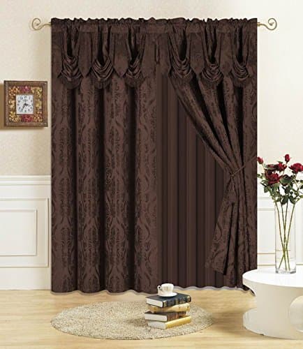 All American Collection New 4 Piece Drape Set with Attached Valance and Sheer with 2 Tie Backs Included (84" Length, Coffee)