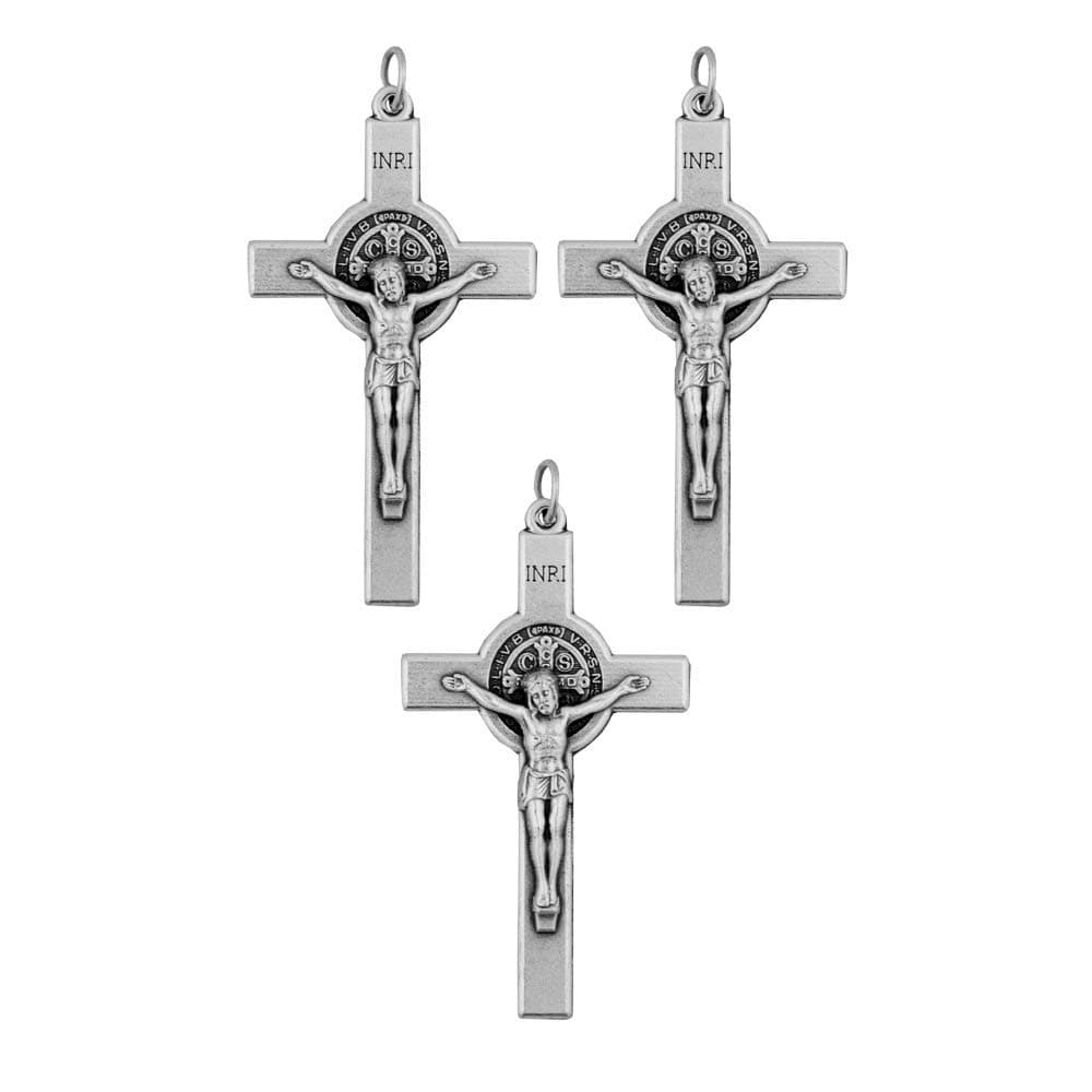 Vatican Imports Pack of Three | 2" Silver Tone St. Benedict Crucifix Pendant | Add to Necklace Chain, Rosary, or Chaplet | Patron Saint of Students and Europe | Great Catholic Gift | Made in Italy