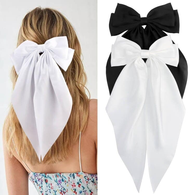 Velscrun Hair Bows Set - 4Pcs White, Black Big Oversized Satin Ribbons with Bow-Knot Hair Claw Clips, Long Tail Barrettes for Women and Girls