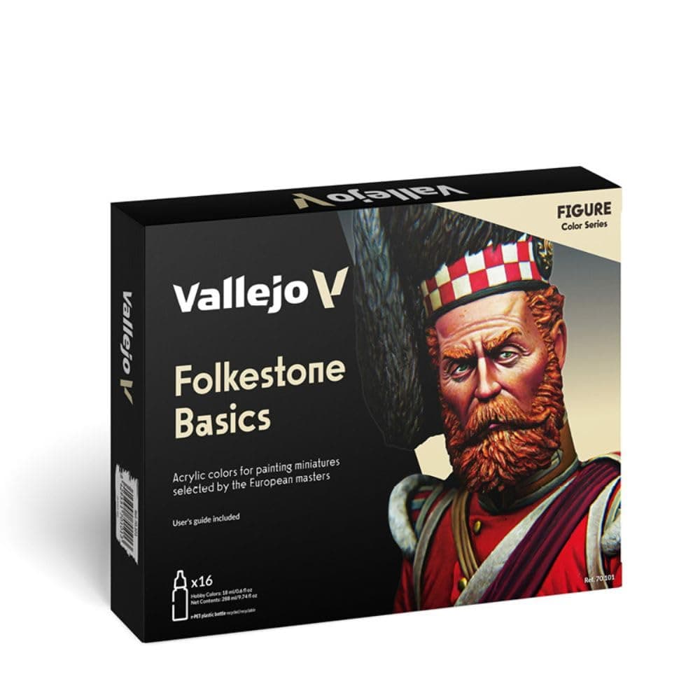 70101 - Vallejo Model Color Folkstone Basics Acrylic Paint Set - 16 x Assorted 17millimeter Colour, Beige/Blue/Brown/Gold/Green/Grey/Orange/Red/Silver/Yellow