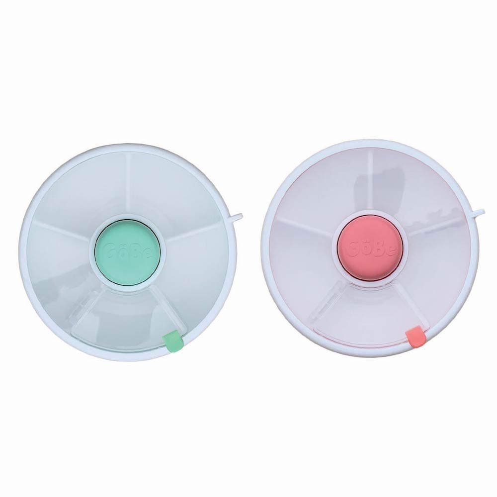 GoBe 2 Pack Kids Snack Spinner - Teal/Coral - Reusable Snack Container with 5 Compartment Dispenser and Lid - Leakproof, Spill-Proof - for Toddlers, Babies, Home, Travel
