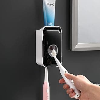 Automatic Toothpaste Dispenser Toothbrush Holder 2 in 1 Set with Super Sticky Suction Pad Wall Mounted Kids Hands Free Toothpaste Squeezer for Family & Kids(Gloss Black)