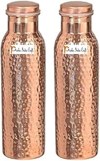 Set of 2 - Pure Copper Yoga Water Bottle or Thermos Flask with 99.5% Purity- Handmade, Joint Free for Ayurvedic Health Benefits, Sports, Gym, Yoga & Travel