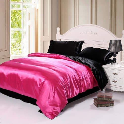 Pink and Black Color 4pcs Imitation Silk Bed Set Bedding Set Bed Linen Silk Bedclothes Bedspread/bed Sheet /Duvet Cover (Queen)