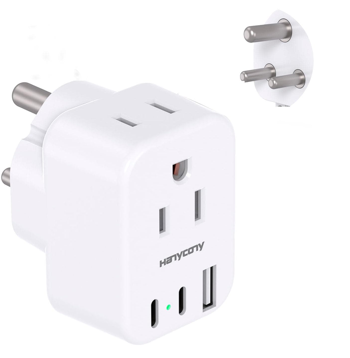 HANYCONY US to India Plug Adapter, Type D Travel Adapter with 3 Outlets 4 USB Ports(2 USB C), India Power Travel Adapter for USA to India, Bangladesh, Maldives, Pakistan