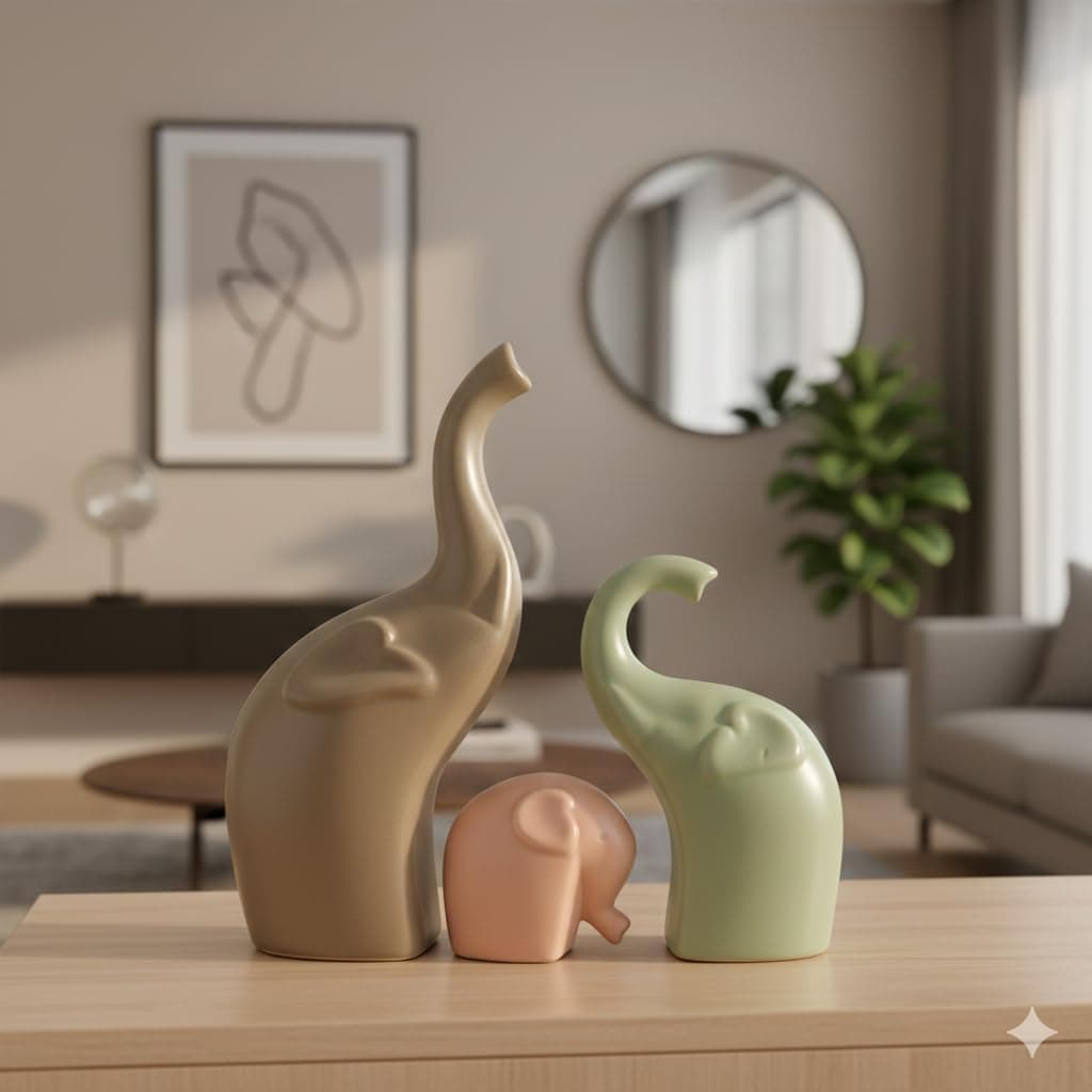 Elephant Family Matte Finish Ceramic Figures | Home Decor Living Room Decorative Items Showpieces House Warming Gifts for New Home | Grey Light Green Pink | (Elephant Family 2)