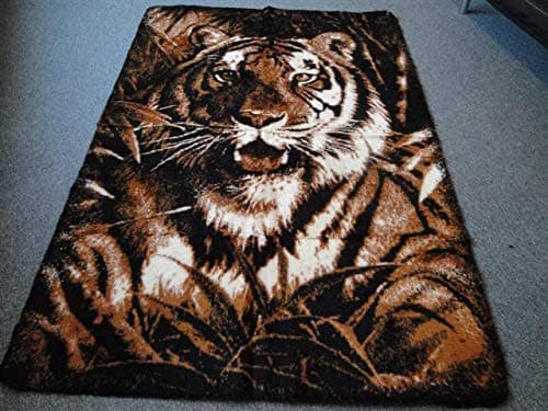 Forest Tiger Head Design Brown Rug, 220 x 150 cm Synthetic Fur Reverse Anti Slip Mat