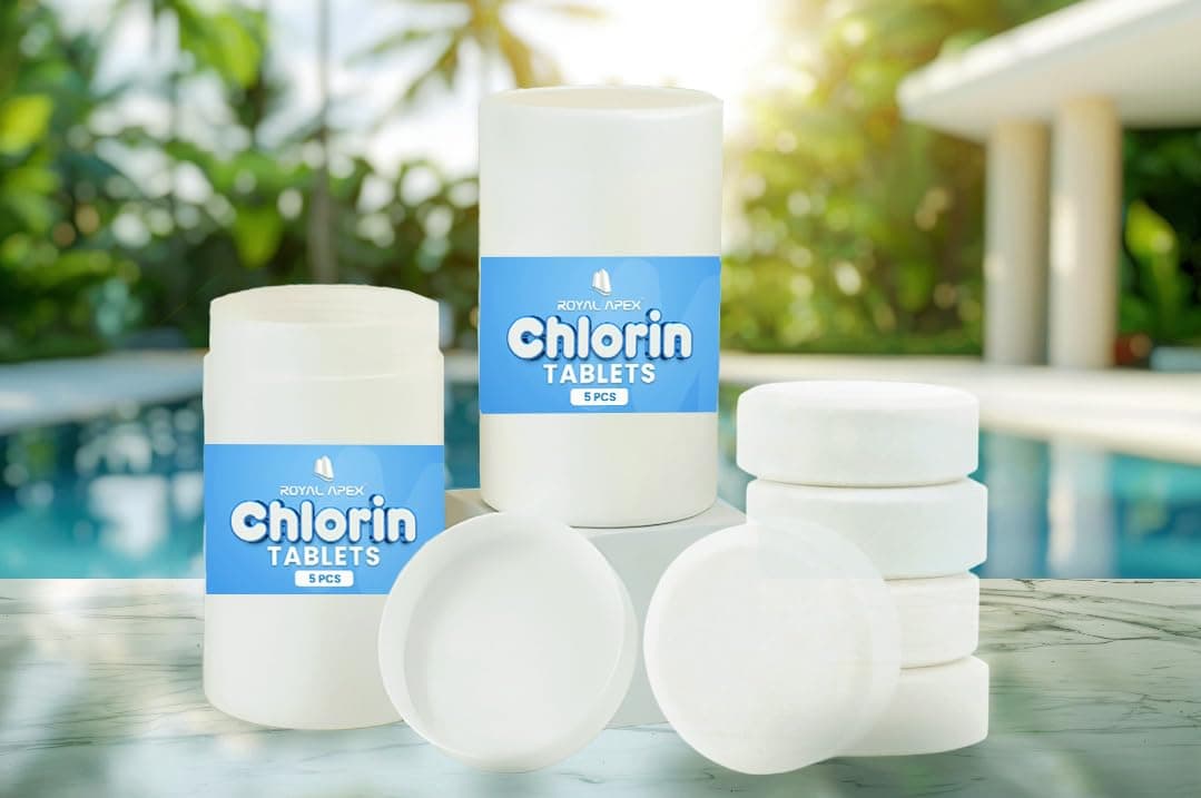 Royal Apex Slow-dissolving Chlorine Tablets 1KG, Pool and Spa Water Bacteria, Algae Disinfection Treatment with Sunlight/UV Protection, TCCA 3" 200g x 5 pcs, Made in EU (3 Tin (15 Tablet))