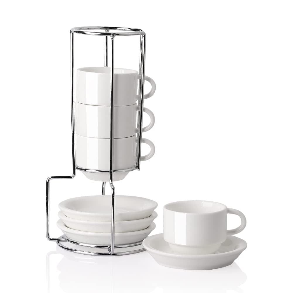 Sweejar HomePorcelain Espresso Cups with Saucers, 70 ml Stackable Cappuccino Cups with Metal Stand for Coffee Drinks, Latte, Tea, Set of 4 (White)