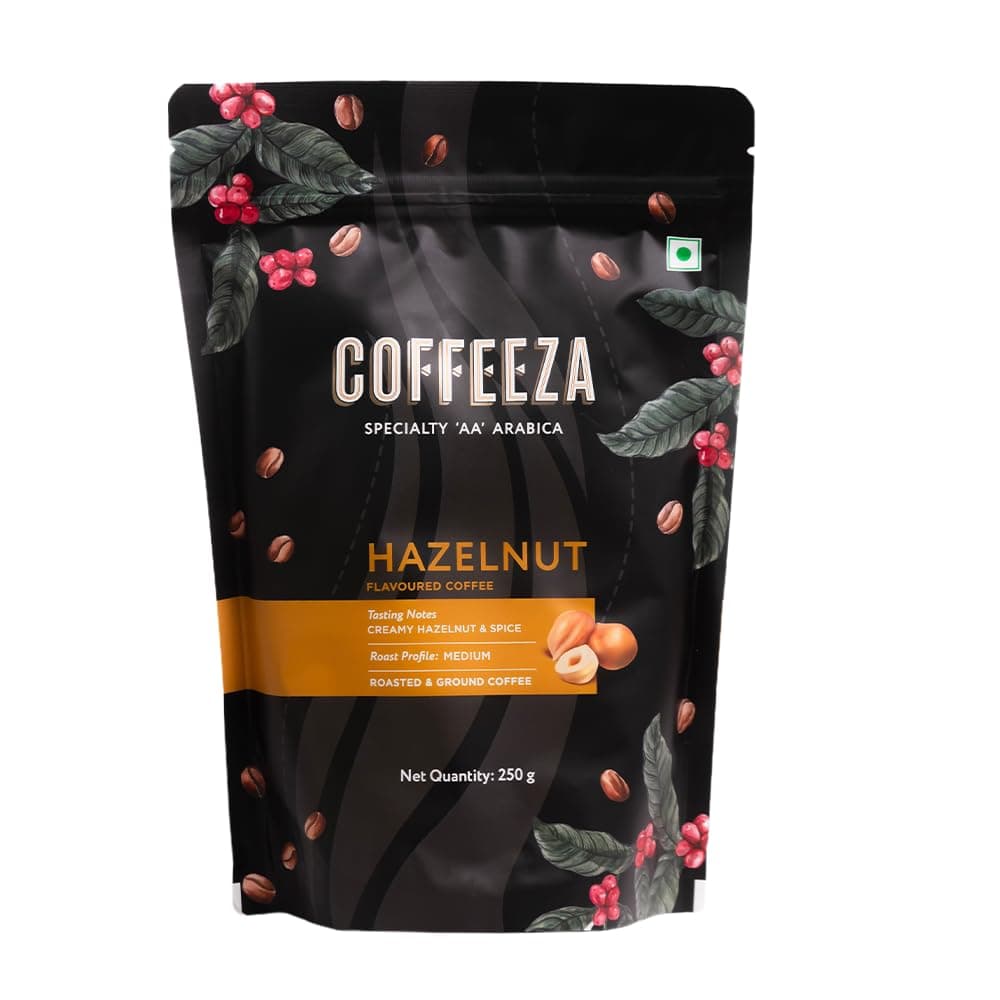 - COFFEEZA Ground Coffee - Fine Grind - Hazelnut Flavored - 250g - Medium Roast 100% Arabica Ground Coffee Powder