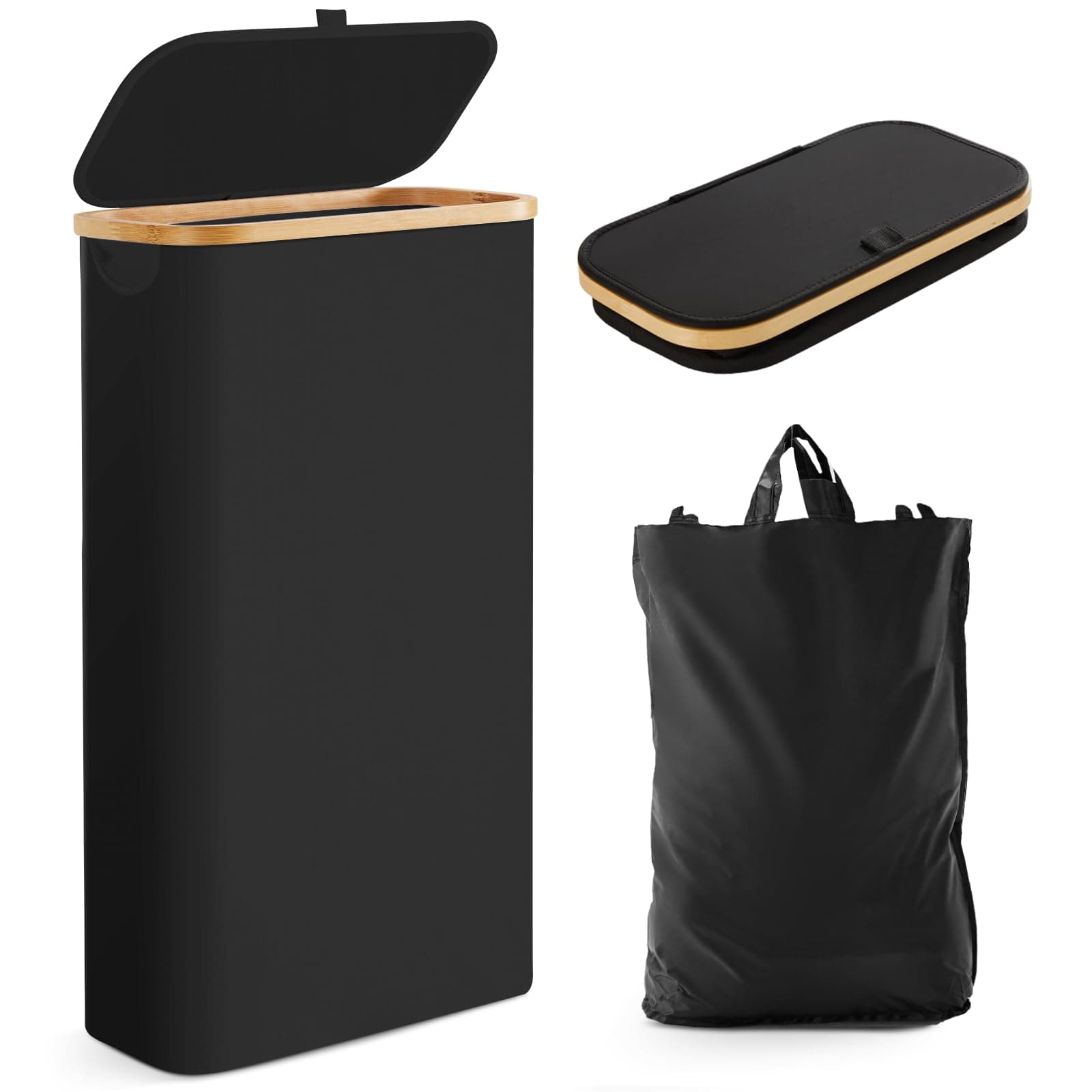 Fiona's magic Slim Laundry Hamper with Lid , 63L Narrow Laundry Basket with Removable Bag, Black Collapsible Dirty Clothes Basket, Thin Tall Storage Basket for Bathroom, Bedroom