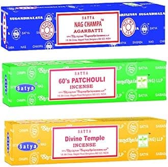 Satya Holistic Mix Incense Sticks 3-Pack Assortment | Slow-Burning, Long-Lasting Nag Champa, 60's Patchouli & Divine Temple (15g Each)