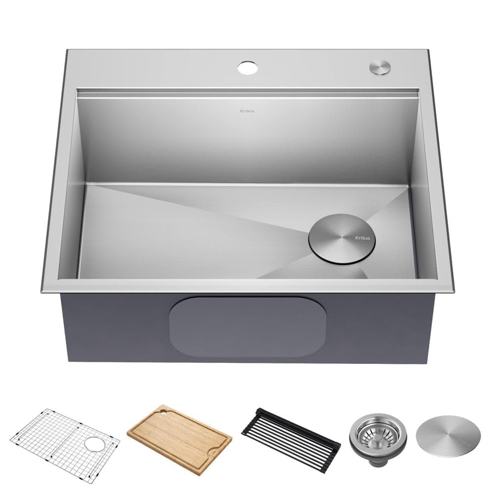 KRAUS Kore 25-Inch Drop In/Top Mount Workstation 16 Gauge Single Bowl Stainless Steel Kitchen Sink with Accessories, KWT311-25