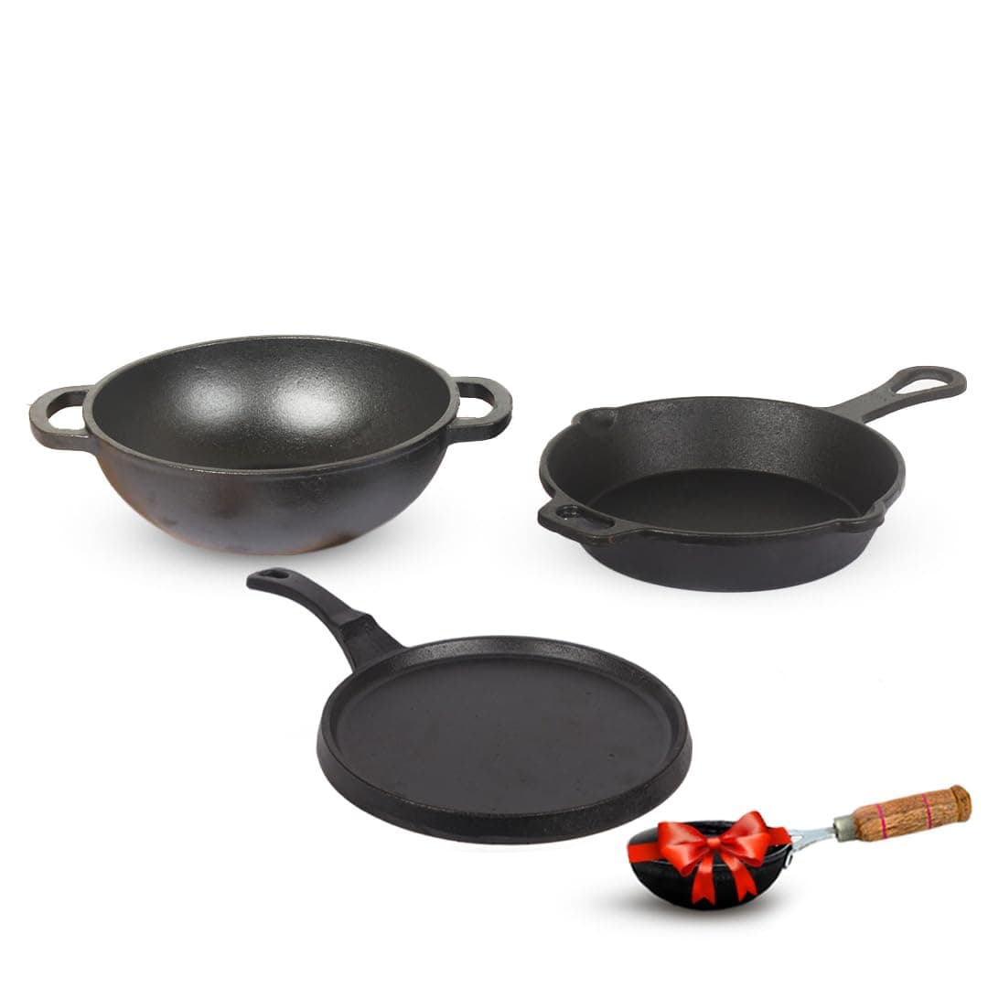 The Indus Valley Pre-Seasoned Cast Iron Cookware Set + Free Iron Tadka Pan|Tawa(25.5Cm)+Kadai(25.4Cm/2.3L)+Fry Pan(22.9Cm/1.4L)|Kitchen Cooking Combo Pots & Pans Set Of 4Pcs|Naturally Nonstick - Black
