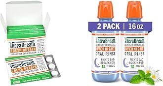 TheraBreathChewing Gum with ZINC Citrus Mint 10 Count Pack of 6 & Overnight Mouthwash Chamomile Mint 16 fl oz Pack of 2