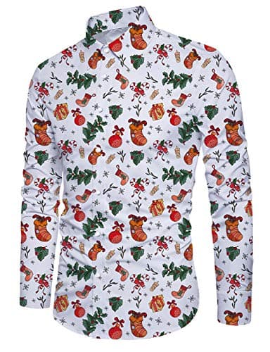 Alistyle Men Slim Fit Christmas Button Down Shirt 3D Funny Print Aloha Shirt for Xmas Party