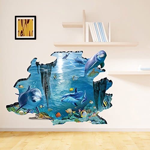 Rainbow Fox 3D sea shark and fish swing in blue ocean Removable Wall Stickers Home Decor 3D stickers For Children's Room Nursery (RF3004)