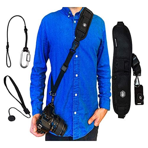 Dupe Accessories Quick Release Camera Neck Strap w/Lens Cap Leash, Safety Tether and Tripod Compatible