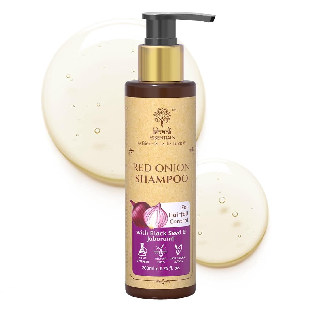 Khadi Essentials Red Onion Shampoo With Blackseed & Jaborandi | Controls Hair Fall, Boosts Growth & Reduces Frizz | Improves Hair Texture | For Thin, Frizzy & Hair Fall-Prone Hair | 200ml