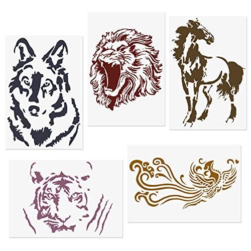 CODOHI 5 Packs Animals Stencils Lion Tiger Horse Wolf Phoenix Reusable Mylar Template - DIY Craft Stencils for Painting 7"x10.2"