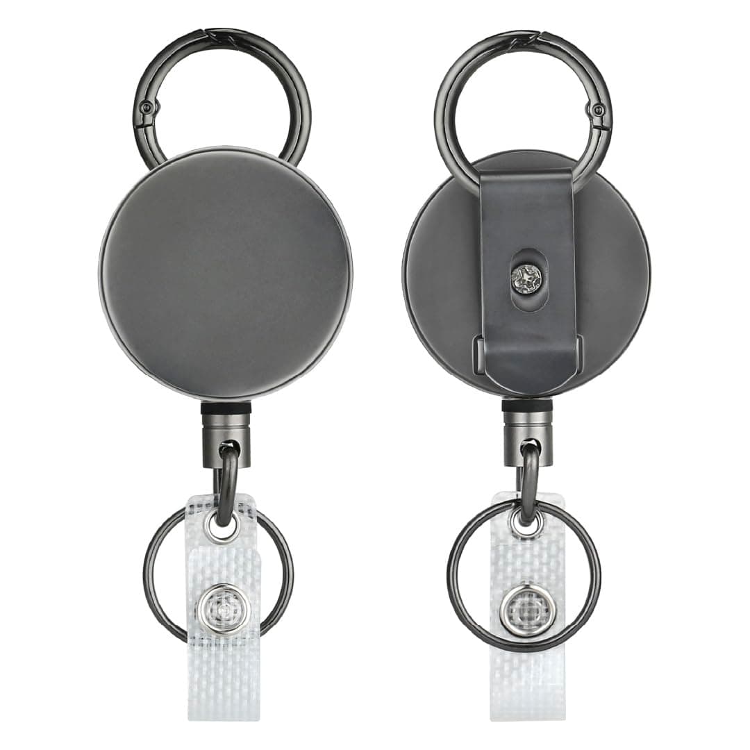 2 Pack Heavy Duty Retractable Badge Holder Reel, Will Well Metal ID Badge Holder with Belt Clip Key Ring for Name Card Keychain [All Metal Casing, 27.5" Kevlar Cord, Reinforced Id Strap]