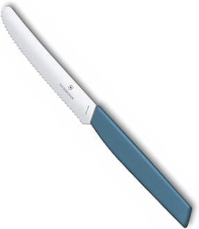 Victorinox Stainless Steel Kitchen Knife, "Swiss Modern" 11 cm Multipurpose, Round Tip Wavy Edge Knife for Professional and Household Kitchen, Cornflower Blue, Swiss Made