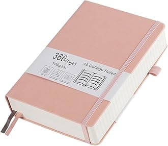 Thick College Ruled Notebook with 366 Numbered Pages, A5 Journals for Writing with 100GSM Lined Paper, Hardcover Leather Notebooks for Women Men School Note Taking Office Work Diary, 5.7"x8.3" Pink